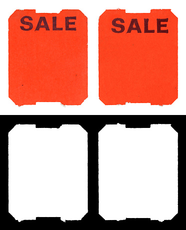 Vintage (1990s) fluorescent orange sale price stickers isolated on white background, with mask