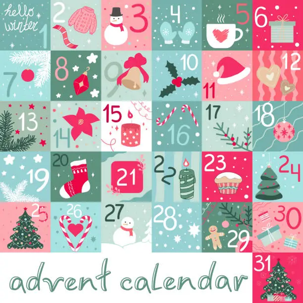 Vector illustration of Christmas and New Year Advent Calendar for 31 days with cute decorations. Christmas tree, balls, presents, winter clothes and candles. Vector illustration