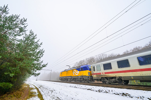 International train of the Dutch Railways driving through the snow on a cold day in the Veluwe nature reserve in winter.