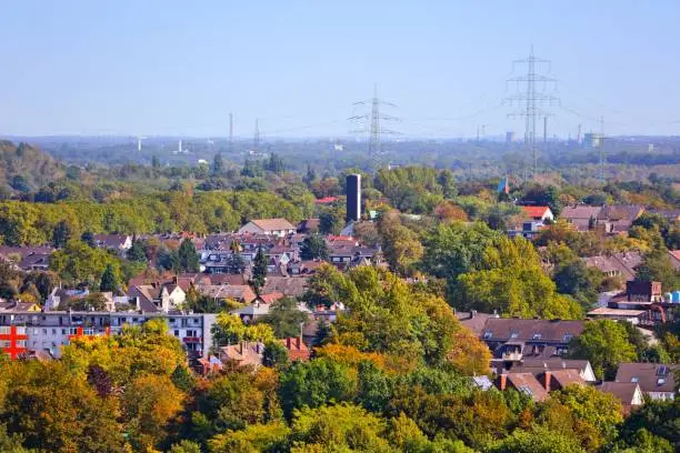 Gelsenkirchen city suburbs, Germany. Townscape of Ueckendorf district with industry in background.