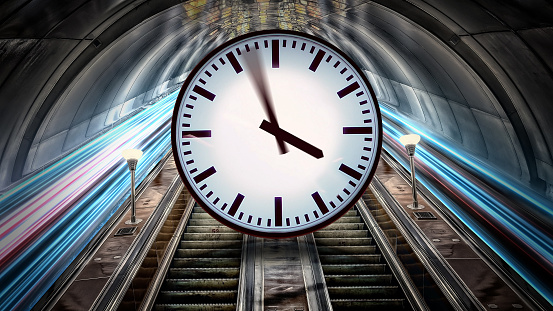 Clock spins fast speed rush hour traffic fast moving,Fast moving traffic drives time lapse clock moving fast light each subway lane effect line light cg