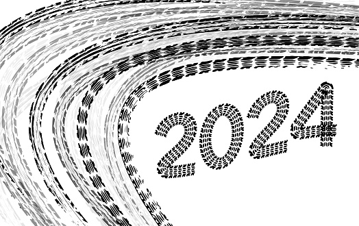 2024 new year card with tire wheel marks of cars. Vector illustration