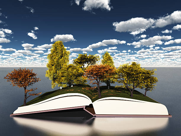 Surreal image of autumn tress on open book