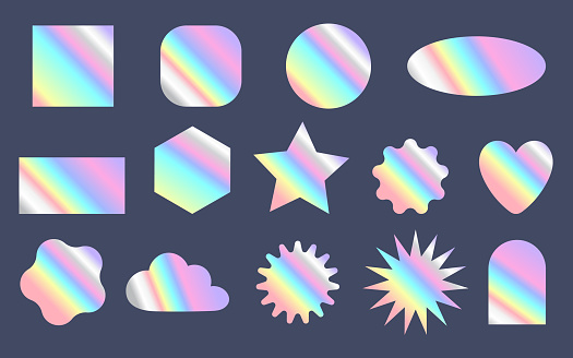Set holographic stickers. Hologram labels of different shapes. Colored blank rainbow shiny emblems. Geometric shapes: square, circle, heart, oval, star, hexagon. Vector illustration