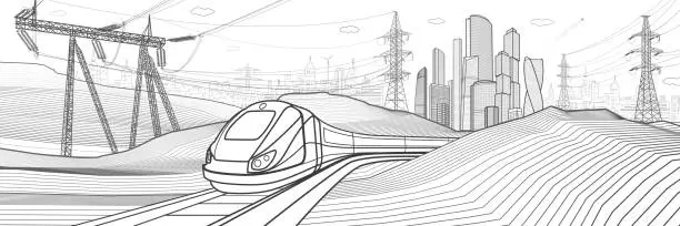Vector illustration of Modern town. Train rides. Power lines. City Infrastructure and transport illustration. Urban scene. Vector design art. Gray outlines on white background