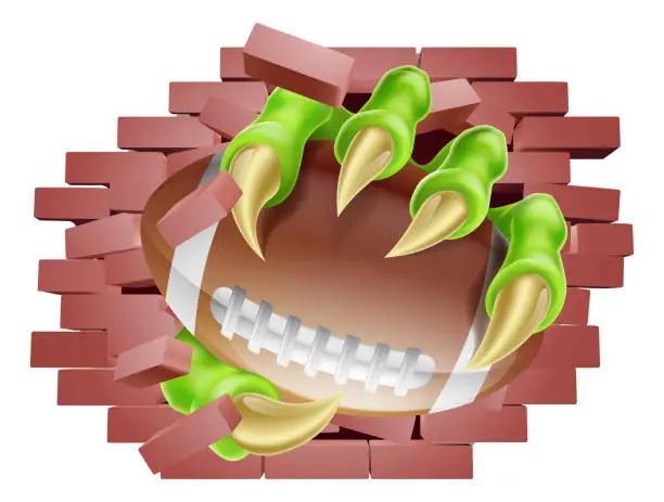 Vector illustration of American Football Ball Claw Breaking Through Wall