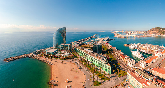 Aerial view of Port Vell in Barcelona Spain