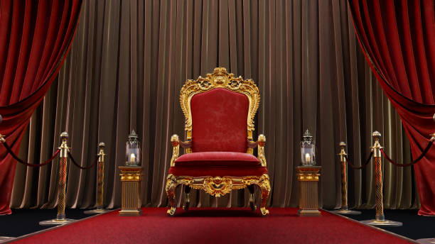 3D render of red carpet with barriers leading to king throne with two lanterns on a curtains background