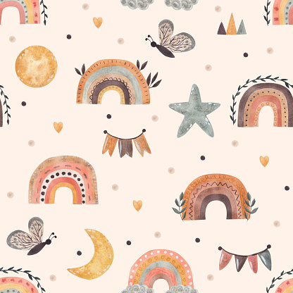 Seamless pattern in children's boho style with rainbow, butterfly, star. Watercolor illustration