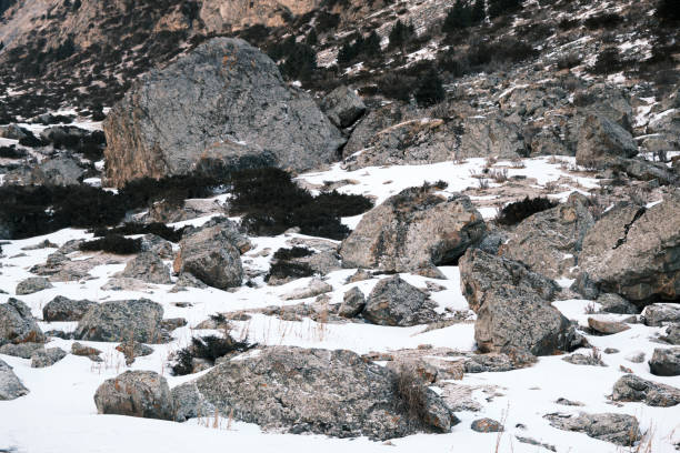 Detailed view from Chon Ashuu mountain pass in winter