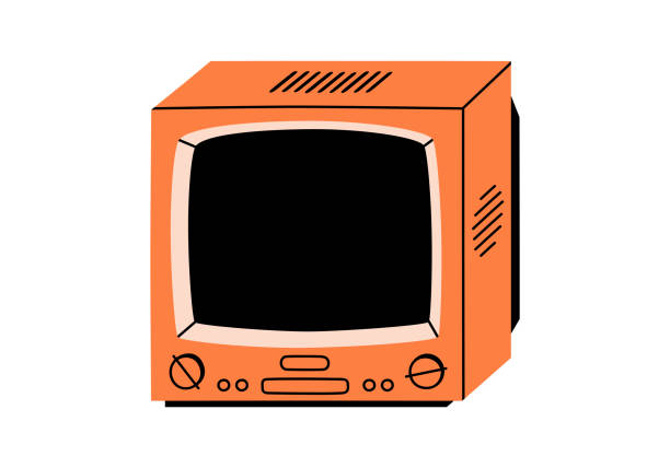 Hand drawn cute cartoon illustration of retro television. Flat vector old TV sticker in colored doodle style. Vintage broadcasting device for watching news or movies with antenna icon. Isolated.