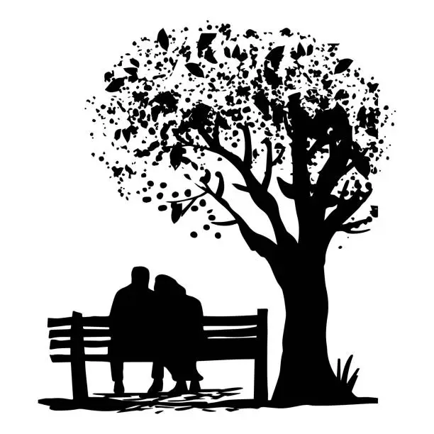 Vector illustration of Romantic couple sitting on a bench under a tree. Silhouette vector illustration.