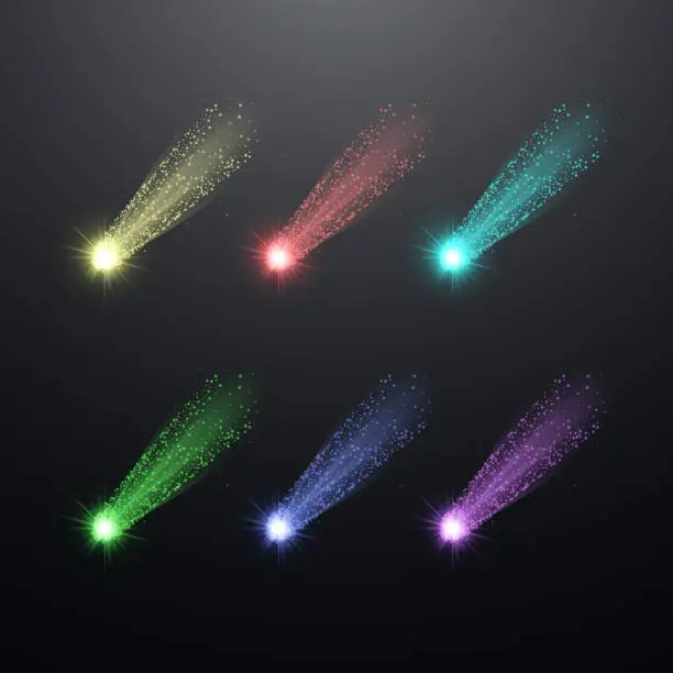 Vector illustration of Set of flying colorful comets with stars.