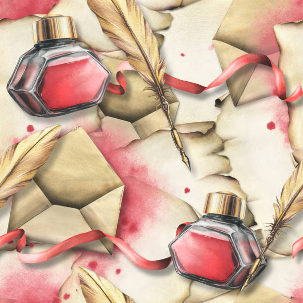istock For Valentine's Day, seamless pattern with envelopes, papyrus, red ink, pen and ribbons. Hand drawn watercolor illustration 1834920198