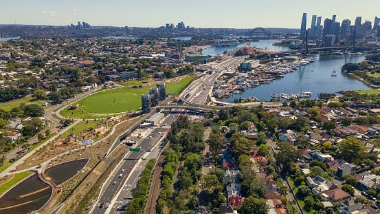 Aerial drone view at Rozelle Interchange in Sydney, NSW Australia looking toward Sydney City, shot on 3 December 2023