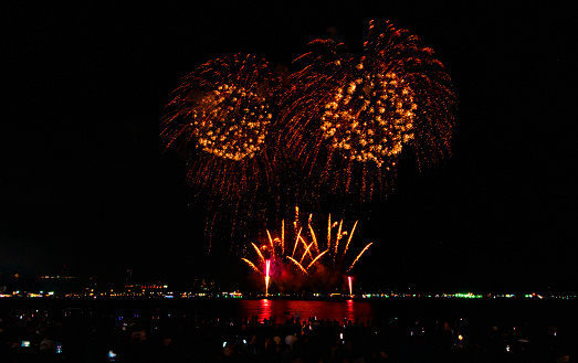 Colorful fireworks display at the 2023 International Fireworks Festival at Pattaya Beach, Thailand.