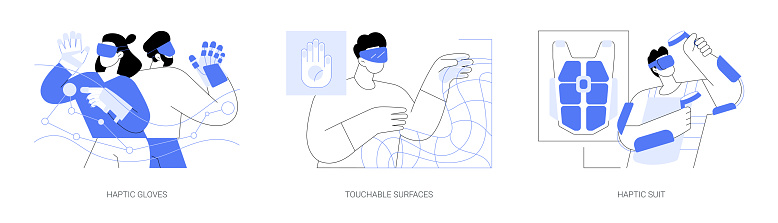 Tactile virtual reality isolated cartoon vector illustrations set. People wearing VR haptic gloves and smart glasses, AR equipment and wearables, touchable surface, gaming suit vector cartoon.