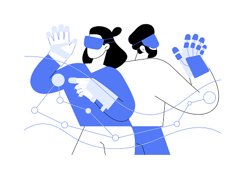 Haptic gloves isolated cartoon vector illustrations. Young couple wearing VR haptic gloves and smart glasses, virtual and augmented reality, modern technology, entertainment time vector cartoon.