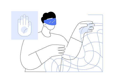 Touchable surfaces isolated cartoon vector illustrations. Man wearing VR equipment deals with touchable surface, tactile virtual and augmented reality, modern technology vector cartoon.