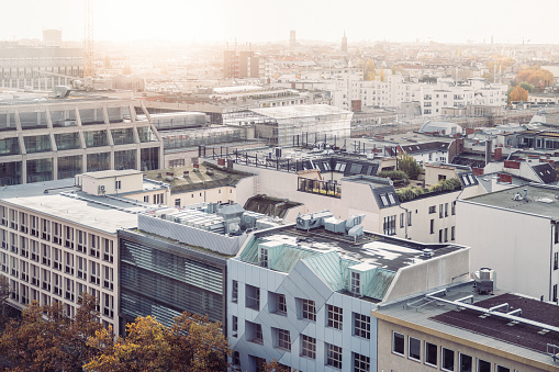 aerial image, Berlin skyline in the morning sun