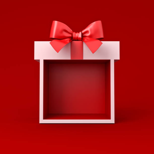 istock Blank white present gift box exhibition booth mock up stand or gift display showcase box with red ribbon and bow isolated on dark red background minimal conceptual 3D rendering 1834979370