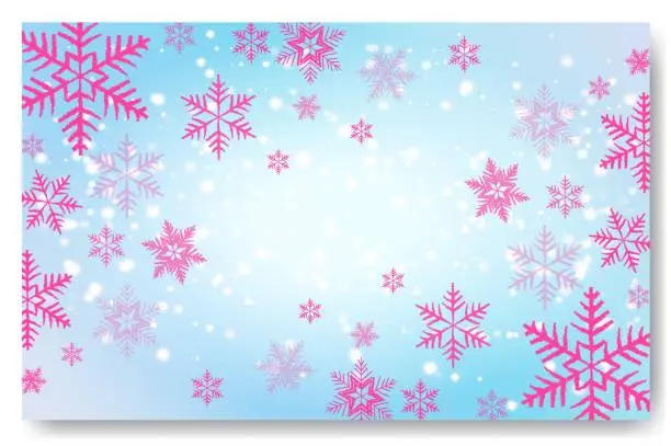 Vector illustration of Cute falling snow flakes illustration. Wintertime speck frozen granules. Snowfall pink color teal blue wallpaper. Scattered snowflakes december theme. Snow hurricane landscape