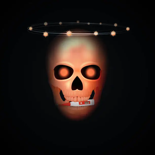 Vector illustration of Concept coronavirus COVID-19. Human skull with a medical thermometer.