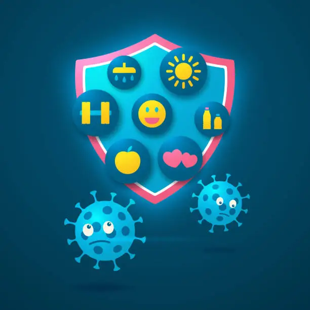 Vector illustration of The concept of a good human immunity and a healthy lifestyle in the form of a shield, against different viruses.