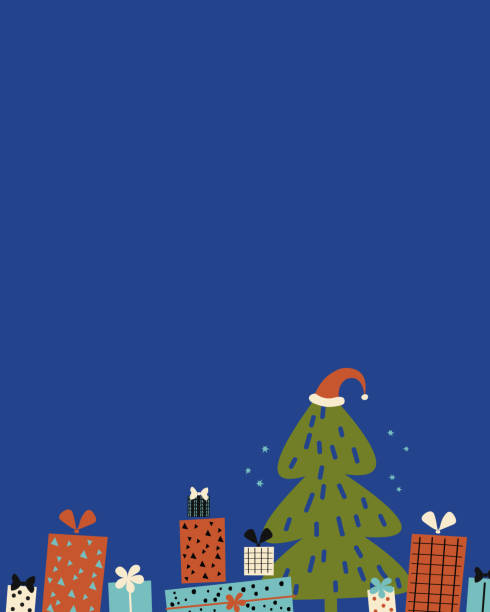 ilustrações de stock, clip art, desenhos animados e ícones de gifts and christmas tree vertical background flat illustration. hand drawn festive card for text with new year motif design for congratulations on winter holidays, sale. for banner, card, print, paper - printers ornament