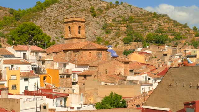 Panoramic View Of Houses And Historical Buildings In Borriol, Spain. - wide pan shot