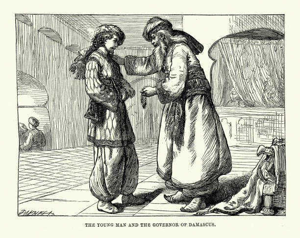 One Thousand and One Nights, Young man and the Governor of Damascus, Arabian, Middle Eastern folktales Vintage illustration One Thousand and One Nights, Young man and the Governor of Damascus, Arabian, Middle Eastern folktales, by The Brothers Dalziel. The Story told by the Jewish physician middle eastern ethnicity mature adult book reading stock illustrations