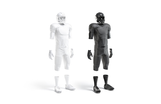 Blank black and white american football uniform mockup, side view, 3d rendering. Empty suit with jersey, shorts, helmet, sneakers for soccer club mock up, isolated. Clear spoty equipment template.