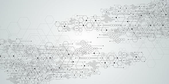 Abstract hexagons with nodes digital geometric with black lines and dots on white background. Technology connection concept stock illustration