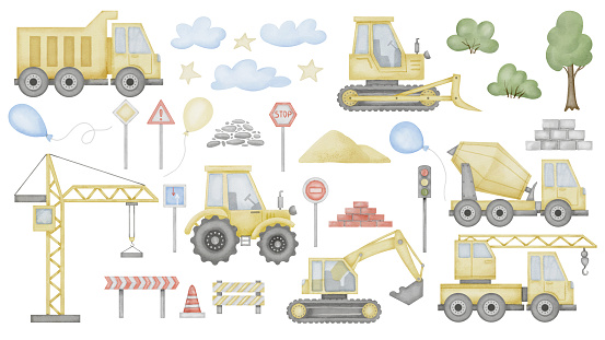 Construction clip art Set Watercolor illustration. Hand drawn baby boy toy car and road sign on isolated background. Tractor with lorry and crane drawing. Painting of transport for wall art stickers.