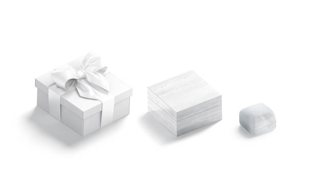 Blank white square gift ring and wood box mockup, isolated