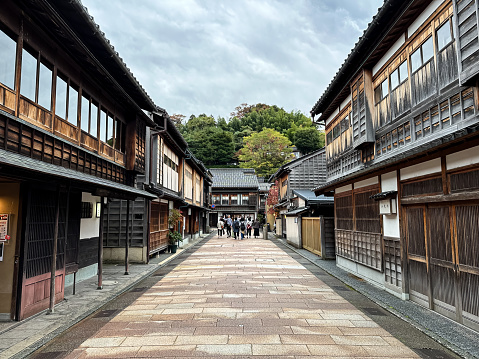 Kanazawa, Japan - 06.11.2023. Higashi Chaya Districts is a traditional neighbourhood with teahouses where geisha perform, plus shops selling gold-leaf crafts.