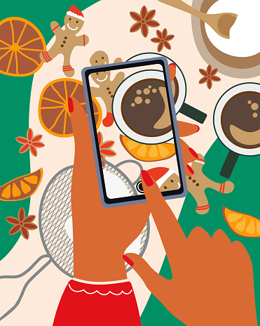 Christmas dinner. Delicious traditional holiday food. Gingerbread Man, coffee, dry orange. Hands with smartphone taking picture of food. Top view vector illustration.