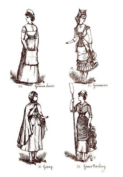 Vintage colour engraving from 1882 of four victorian fancy dress costumes the Geneva Sister or Red Cross Nurse, The Germaine, The Gypsy, and the Grace Darling