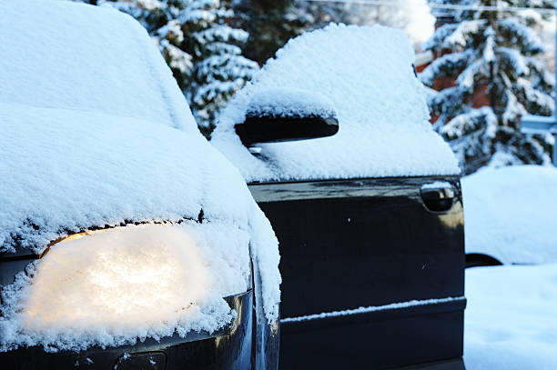 suv car in snowed forest copy space