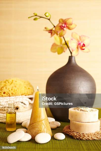 Spa Still Life Of Orchid Flower And Candel In Bathroom Stock Photo - Download Image Now