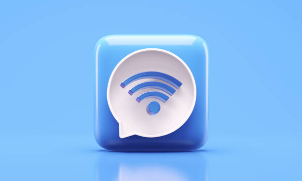 istock Blue button with Wi-Fi icon in white speech bubble 1835070906