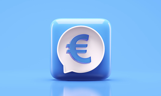 Speech bubble with euro icon on blue background, world finance concepts. 3d illustration