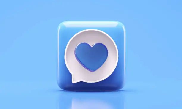 Photo of Blue button with like heart icon in white speech bubble