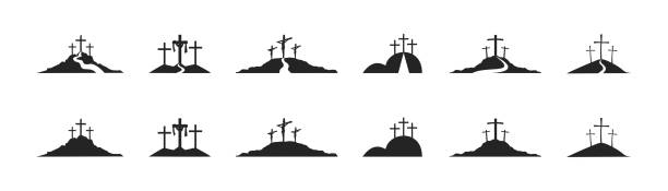 illustrations, cliparts, dessins animés et icônes de symbole de la croix. trois croix. calvaire. vecteur. - rescue mountain horizontal three people