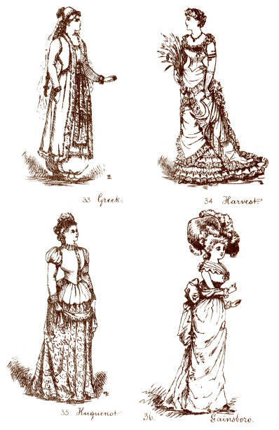 Victorian Fancy Dress Costumes "Vintage colour engraving from 1882 of four victorian fancy dress costumes The Greek, The Hervest, the Huguenot and the Gainsboro" fashion design sketches stock illustrations