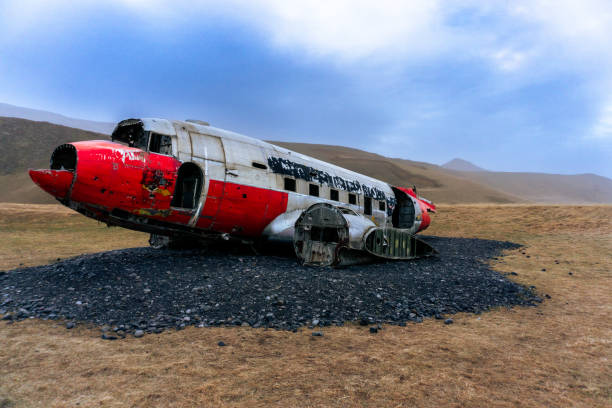 DC-3 Airplane wreck Eyvindarholt crash USA navy plane in iceland in autum stock photo