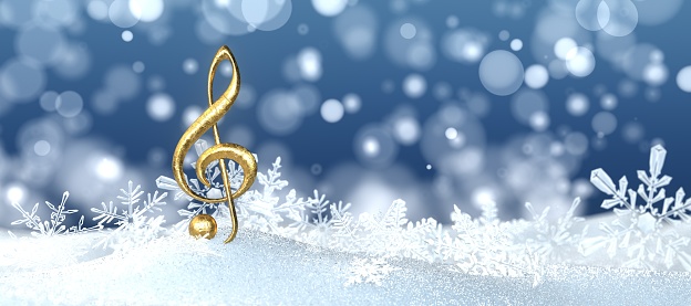Golden treble clef in the snow. 3D illustration.