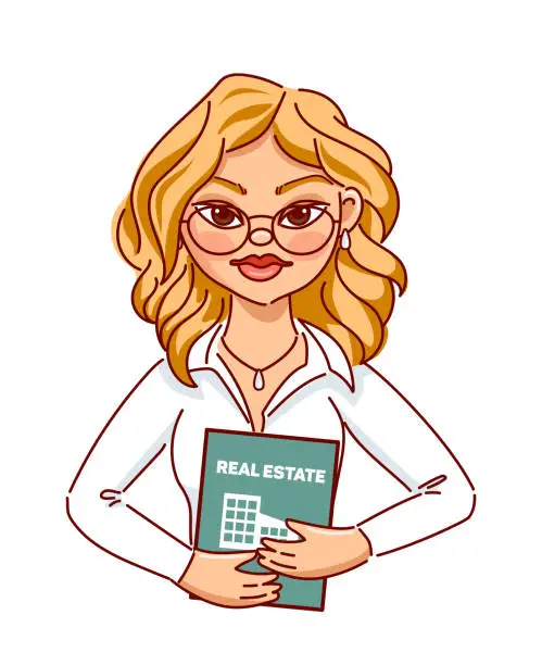 Vector illustration of real estate agent girl. A successful blonde businesswoman in glasses holds a real estate folder with pictures of buildings in her hands. Vector illustration in cartoon style. For website, flyer, banner, design