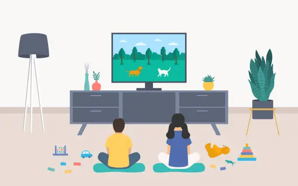 Vector illustration of Rear View Of Children Sitting Near Television Screen And Watching Cartoon Movie. Living Room With Television Set, Floor Lamp And Toys
