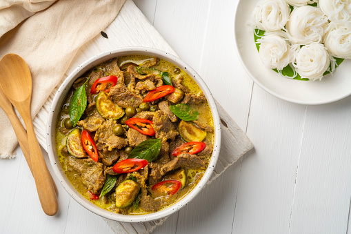 Beef Green Curry with small eggplant (kaeng khiao wan),Thai food.Top view